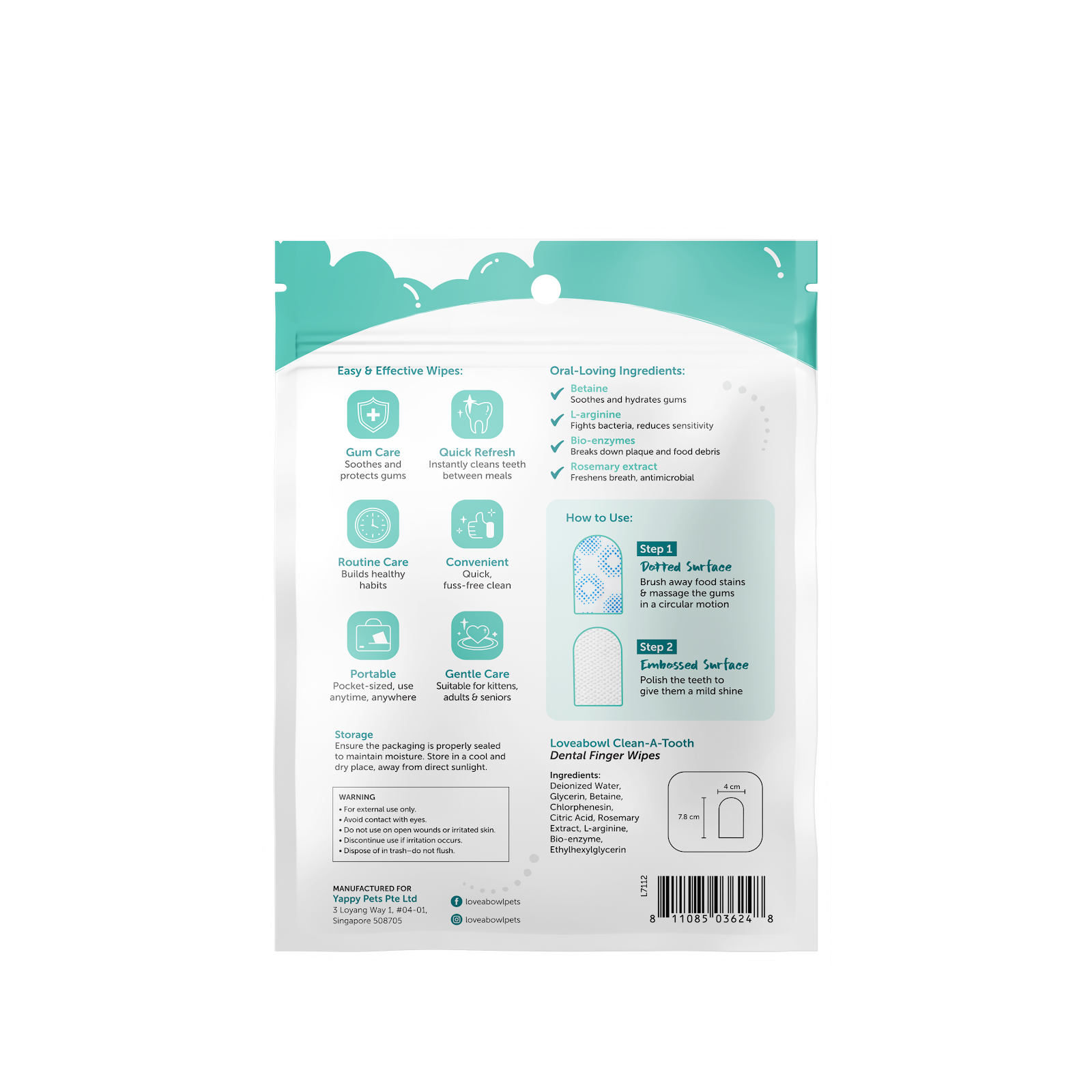Loveabowl Clean-A-Tooth Dental Finger Wipes for Cats | 50pc Dual-Texture