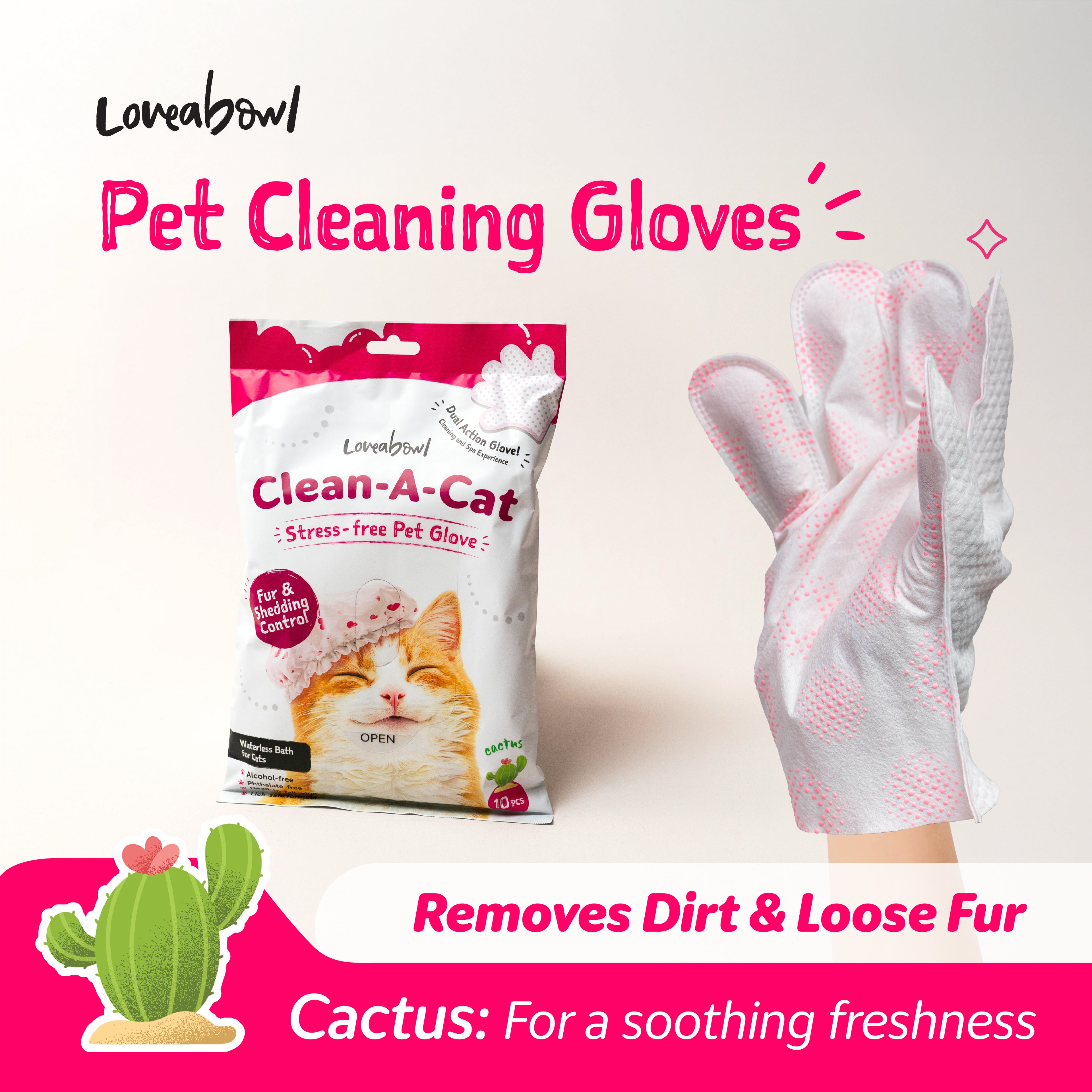 Loveabowl Clean-A-Cat Stress-free Pet Gloves Cactus